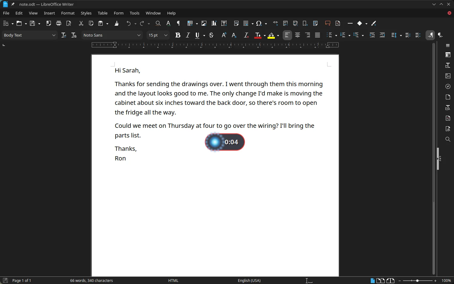 Dictating a letter in LibreOffice Writer with the recording indicator showing 0:04.