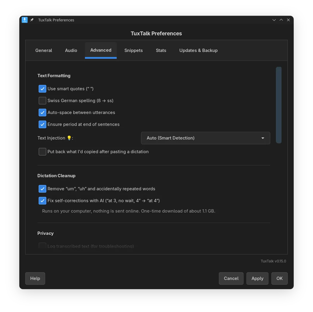 Preferences, Advanced tab: dictation cleanup and text formatting options.
