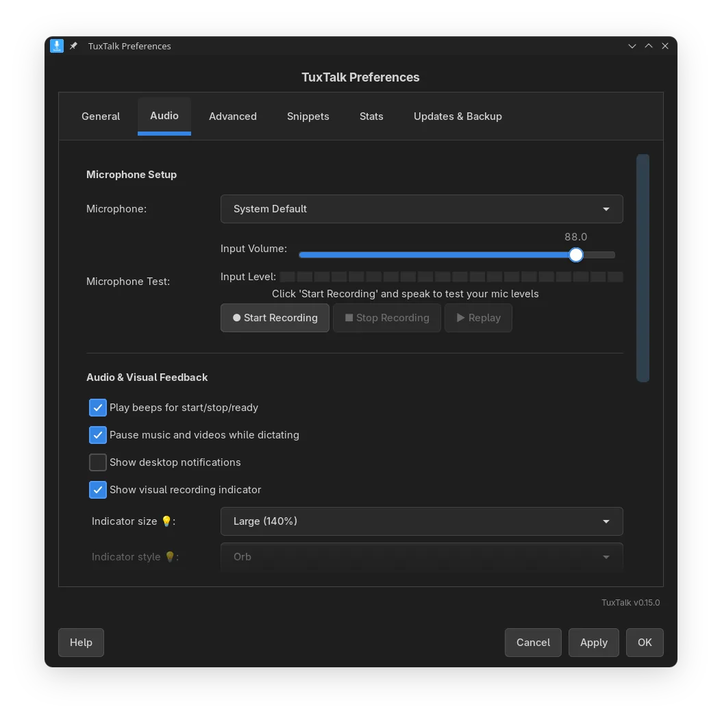 Preferences, Audio tab: microphone test and recording indicator style.