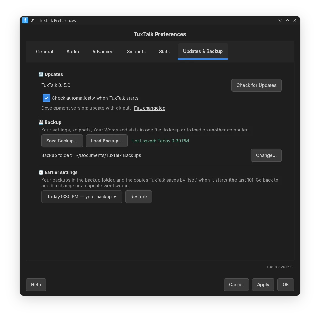 Preferences, Updates and Backup tab: save or load a backup and go back to earlier settings.