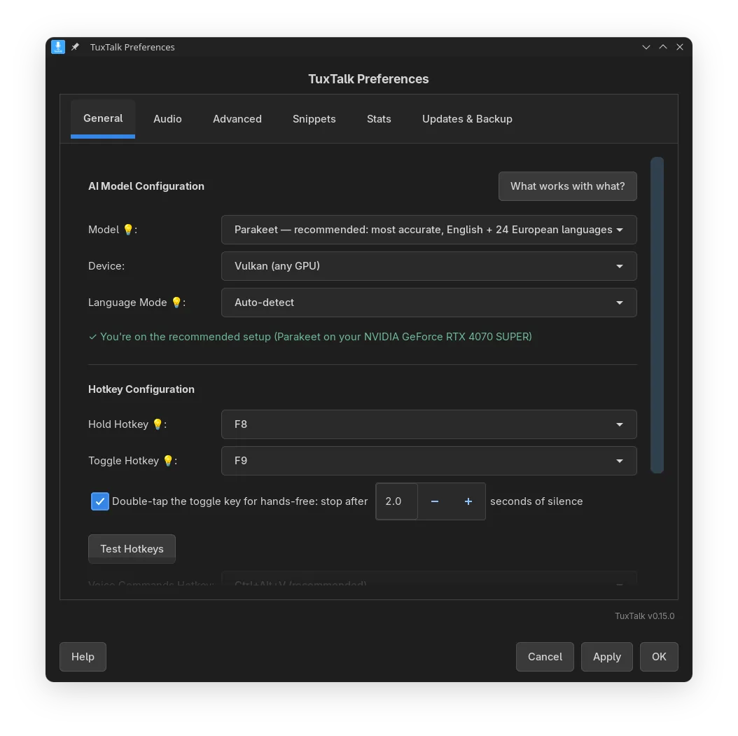 Preferences, General tab: model, device, language and hotkeys.