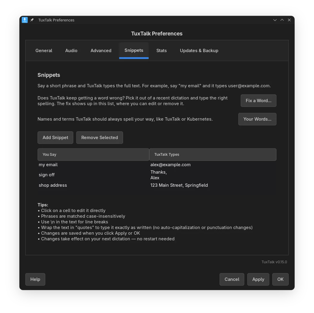 Preferences, Snippets tab: your own phrases, Fix a Word and Your Words.