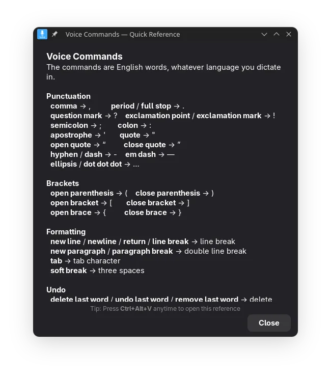 The Voice Commands quick reference window.