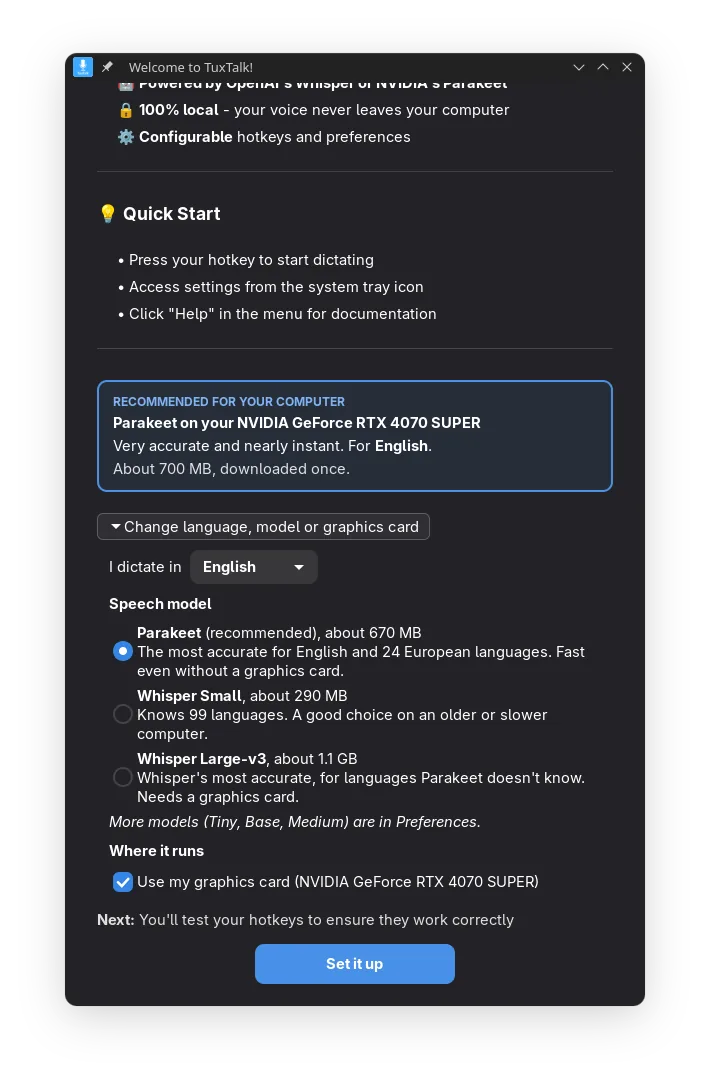 First run, other options: language, model and graphics card choices with their download sizes.
